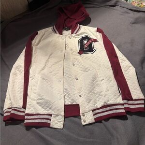 Cream and Red Quilted Varsity Jacket